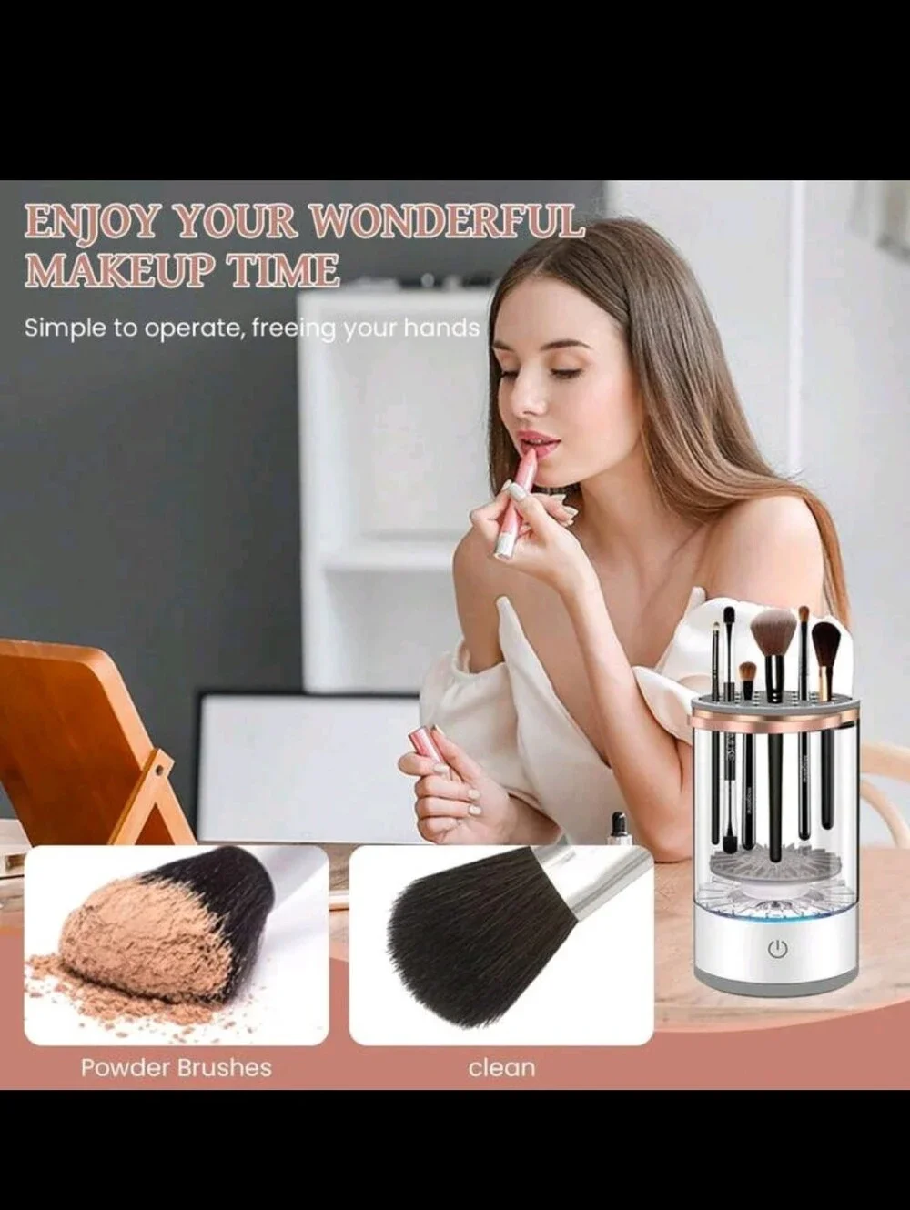 Portable Electric Makeup Brush Cleaner - White with Rose Gold Trim